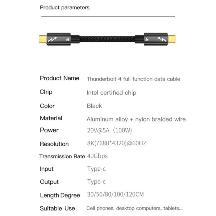 Bild 5,  Thunderbolt 4 Kabel 30cm USB-C 100W 8K 60Hz PD Svart