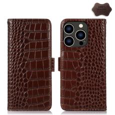  iPhone 15 Pro Fodral L&auml;der Krokodil Textur Brun
