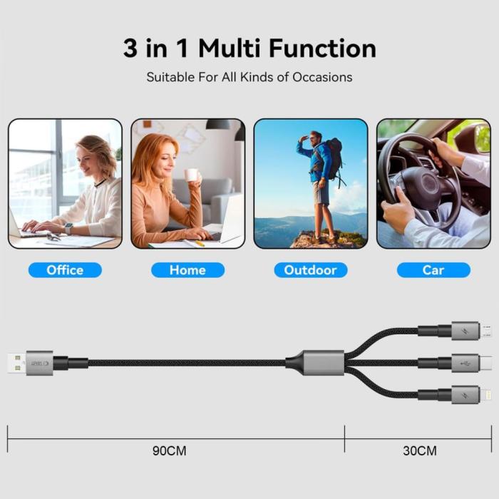 Bild 4, Tech-Protect Tech-Protect 1.2m 3in1 USB-C/Lightning/Micro USB Kabel Iron Grey