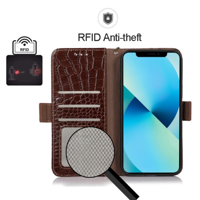 Bild 4,  iPhone 15 Pro Fodral Läder Krokodil Textur Brun