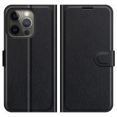  iPhone 13 Pro Fodral Litchi L&auml;der Svart