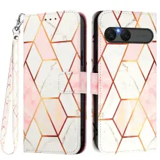 Sony Xperia 10 VII Fodral L&auml;der Marmor Rosa / Vit
