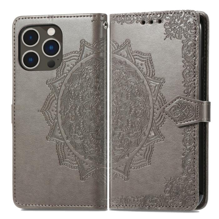 Bild 2,  iPhone 15 Pro Max Fodral Mandala Läder Grå