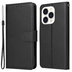  iPhone 15 Fodral L&auml;der Med Snodd Svart