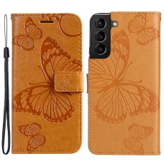  Samsung Galaxy S22 Plus Fodral Fj&auml;rilar Tryckt L&auml;der Ljus Brun