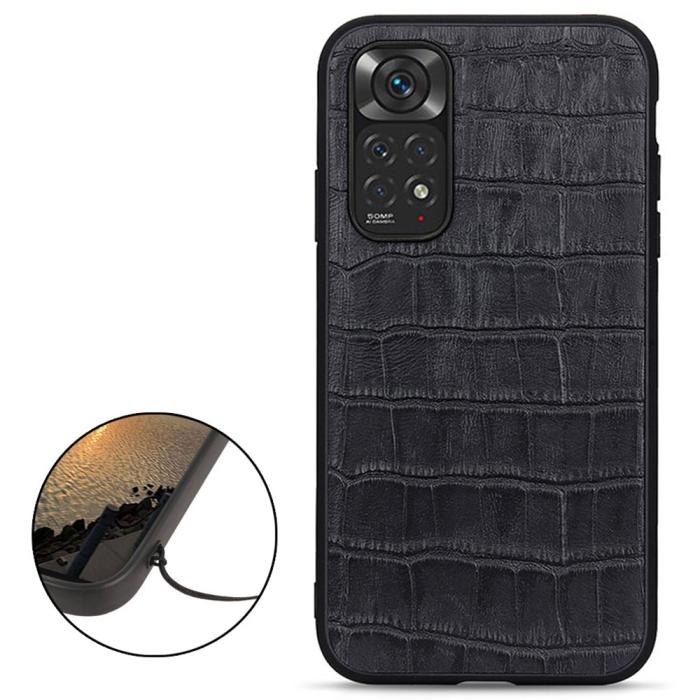Bild 2,  Xiaomi Redmi Note 11 4G Skal Äkta Läder Krokodil Textur Svart