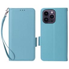  iPhone 15 Plus Fodral Litchi Textur Med Snodd Ljus Bl&aring;
