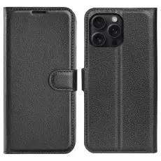  iPhone 16 Pro Fodral Litchi L&auml;der Svart