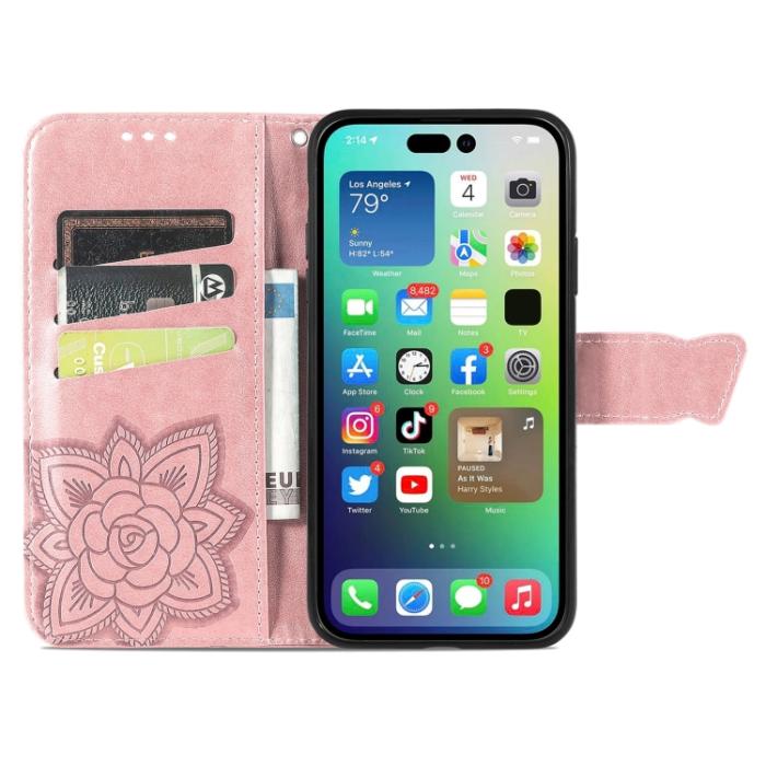 Bild 3,  iPhone 15 Pro Max Fodral Läder Fjäril Tryck Roséguld