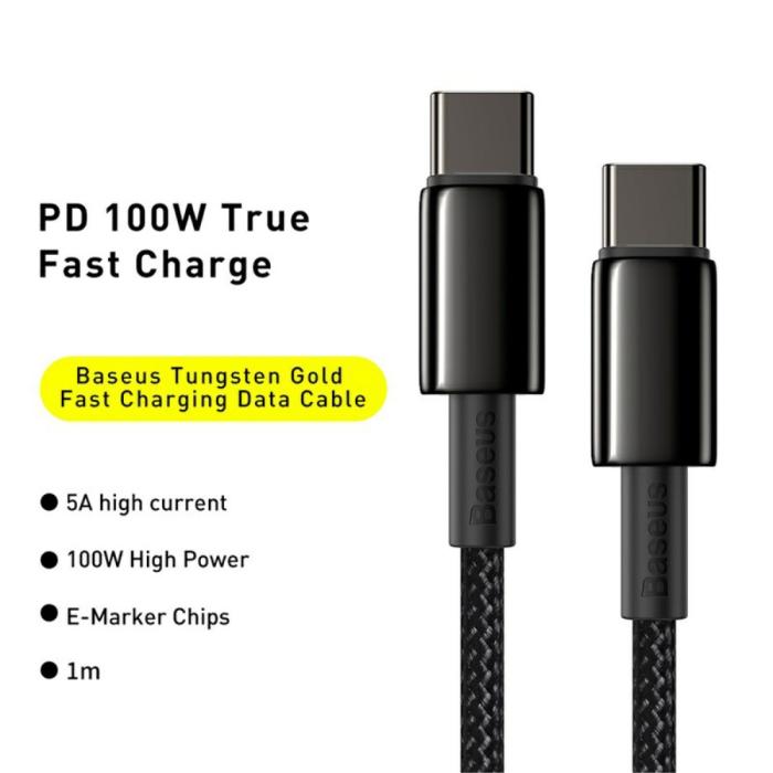 Bild 2, BASEUS Baseus 1m 100W USB-C - USB-C Kabel Tungsten Gold Series Svart