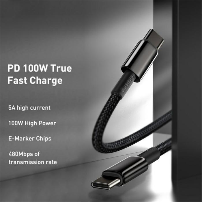 Bild 3, BASEUS Baseus 1m 100W USB-C - USB-C Kabel Tungsten Gold Series Svart