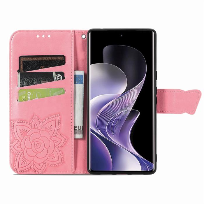 Bild 2,  Xiaomi Redmi Note 14 Pro 5G Fodral Läder Fjäril Tryck Rosa