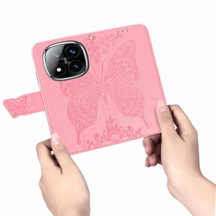 Bild 4,  Xiaomi Redmi Note 14 Pro 5G Fodral Läder Fjäril Tryck Rosa