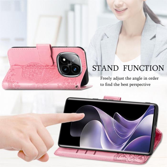 Bild 5,  Xiaomi Redmi Note 14 Pro 5G Fodral Läder Fjäril Tryck Rosa
