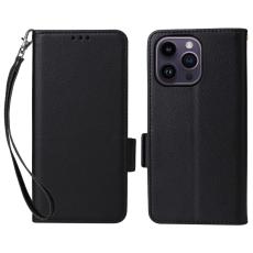  iPhone 15 Plus Fodral Litchi Textur Med Snodd Svart