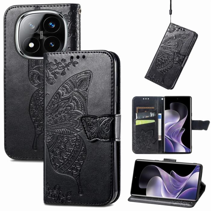 Bild 5,  Xiaomi Redmi Note 14 Pro 5G Fodral Läder Fjäril Tryck Svart