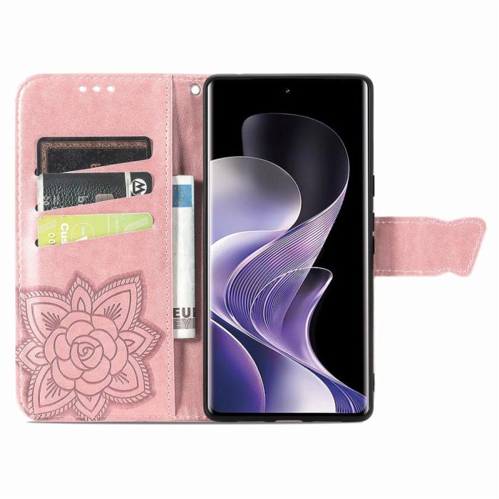 Bild 2,  Xiaomi Redmi Note 14 Pro 5G Fodral Läder Fjäril Tryck Roséguld