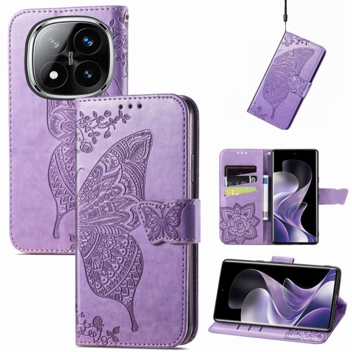 Bild 4,  Xiaomi Redmi Note 14 Pro 5G Fodral Läder Fjäril Tryck Lila