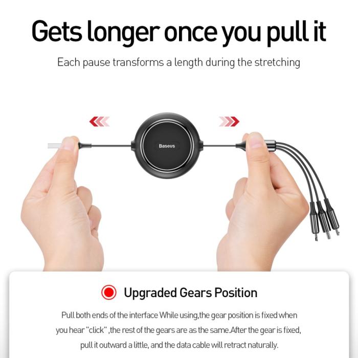 Bild 4, BASEUS Basues 1.2 m 3in1 USB-C / Lightning / MicroUSB Retractable Svart