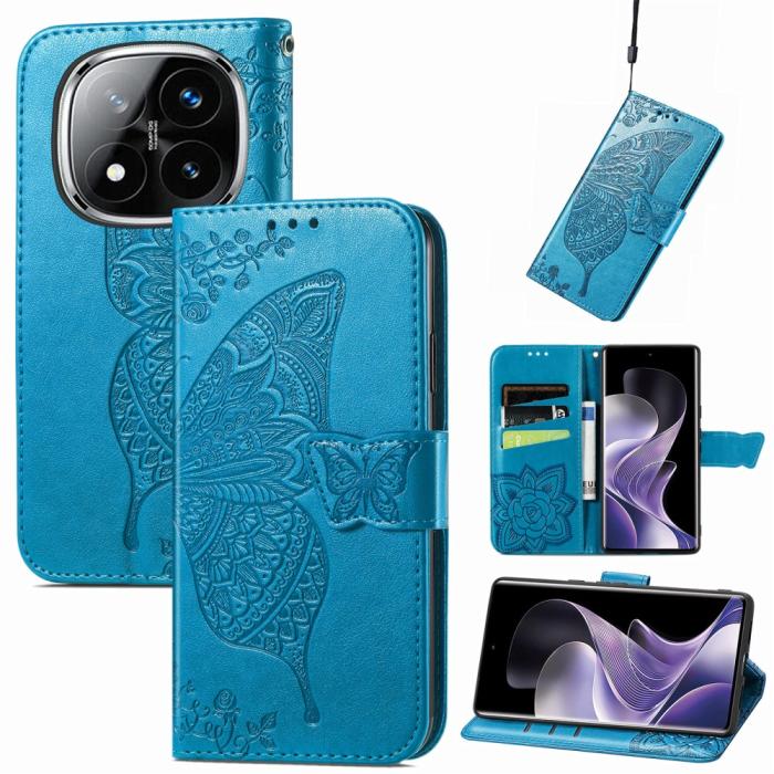 Bild 5,  Xiaomi Redmi Note 14 Pro 5G Fodral Läder Fjäril Tryck Blå