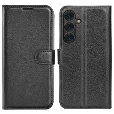  Samsung Galaxy S25 Fodral Litchi L&auml;der Svart