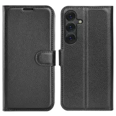  Samsung Galaxy S25 Fodral Litchi L&auml;der Svart