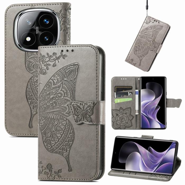 Bild 4,  Xiaomi Redmi Note 14 Pro 5G Fodral Läder Fjäril Tryck Grå