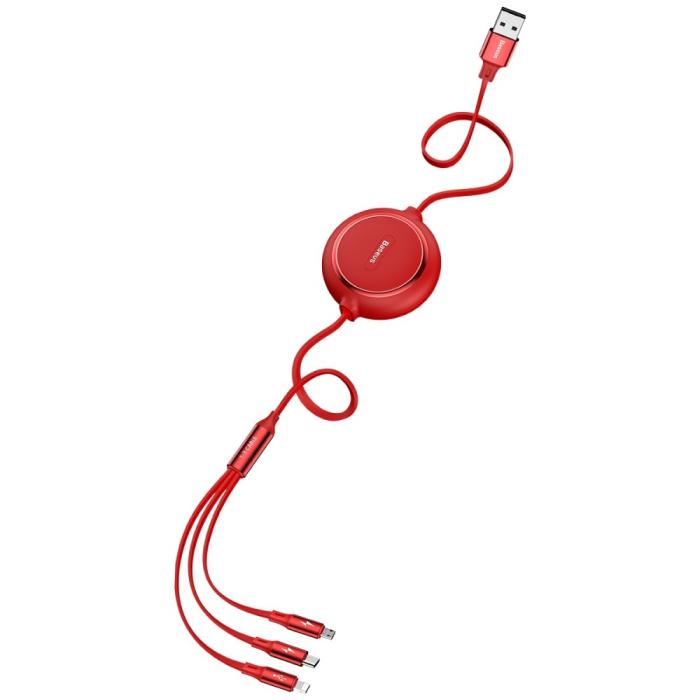Bild 3, BASEUS Basues 1.2 m 3in1 USB-C / Lightning / MicroUSB Retractable Röd