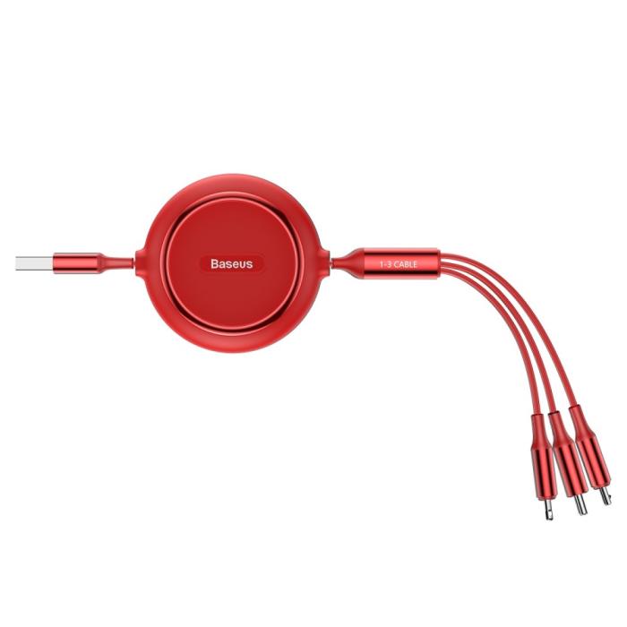 Bild 5, BASEUS Basues 1.2 m 3in1 USB-C / Lightning / MicroUSB Retractable Röd