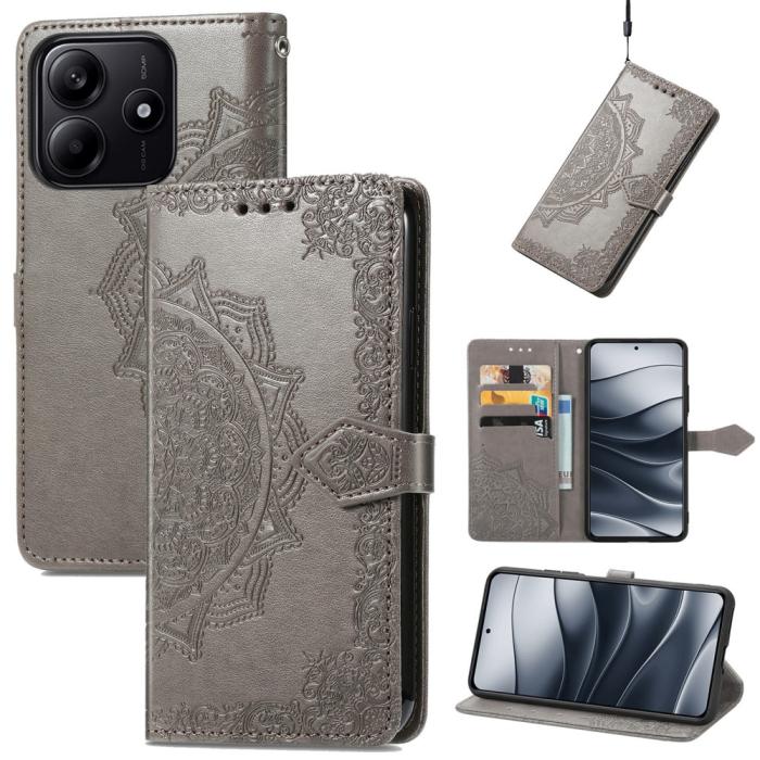 Bild 4,  Xiaomi Redmi Note 14 5G Fodral Läder Mandala Tryck Grå