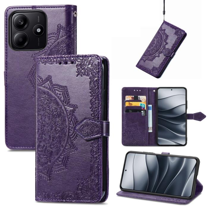 Bild 4,  Xiaomi Redmi Note 14 5G Fodral Läder Mandala Tryck Mörk Lila