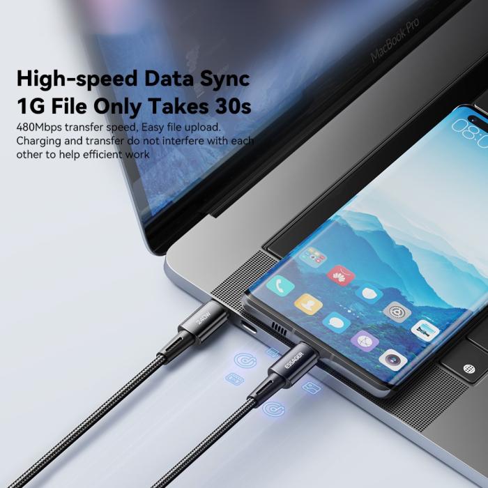 Bild 4, ESSAGER ESSAGER 2m 240W PD USB-C - USB-C Nylonkabel Svart