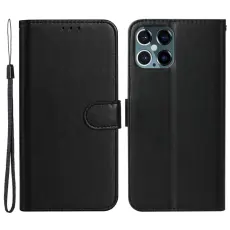 iPhone 15 Fodral Solid L&auml;der Med Snodd Svart
