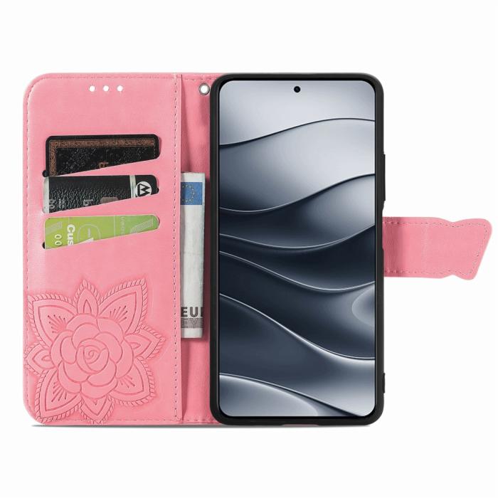 Bild 2,  Xiaomi Redmi Note 14 5G Fodral Läder Fjäril Tryck Rosa
