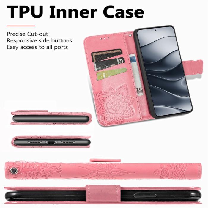 Bild 6,  Xiaomi Redmi Note 14 5G Fodral Läder Fjäril Tryck Rosa