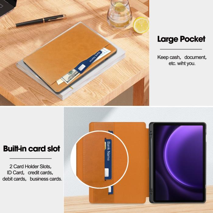 Bild 3,  Galaxy Tab S9 FE Fodral Business Läder Pennhållare Brun