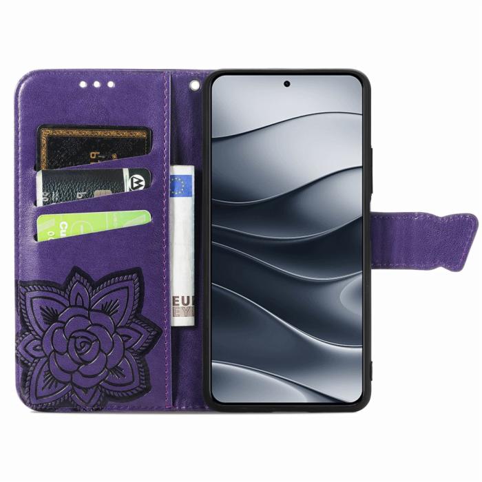 Bild 2,  Xiaomi Redmi Note 14 5G Fodral Läder Fjäril Tryck Mörk Lila