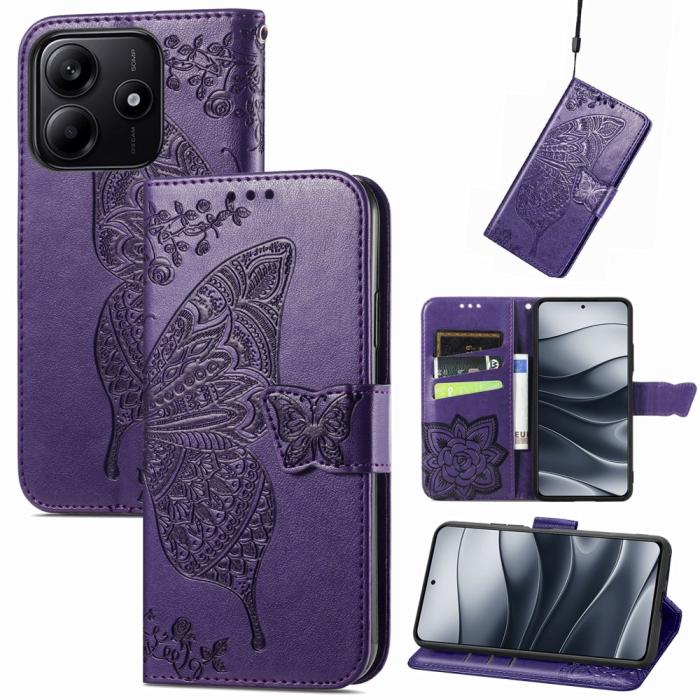 Bild 4,  Xiaomi Redmi Note 14 5G Fodral Läder Fjäril Tryck Mörk Lila