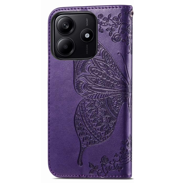 Bild 6,  Xiaomi Redmi Note 14 5G Fodral Läder Fjäril Tryck Mörk Lila