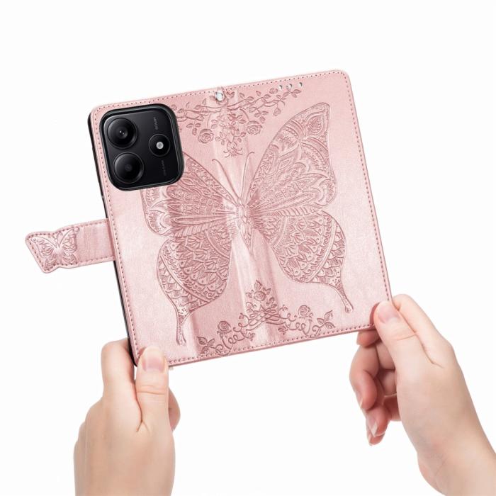 Bild 4,  Xiaomi Redmi Note 14 5G Fodral Läder Fjäril Tryck Roséguld