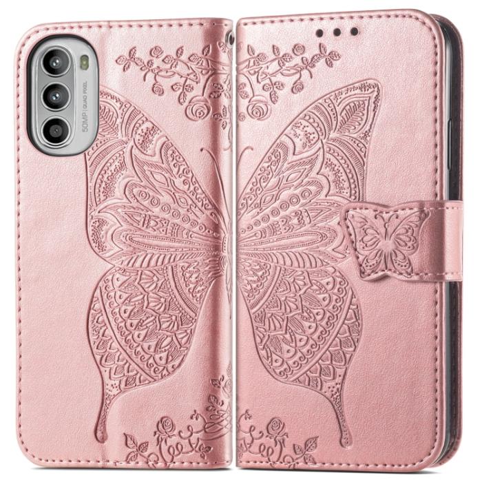 Bild 2,  Motorola Moto G52/G82 Fodral Fjäril Tryck Roséguld