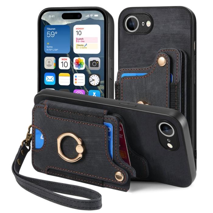 Bild 2,  iPhone 17e / 16e Skal Med Korthållare RFID Retro Läder Svart