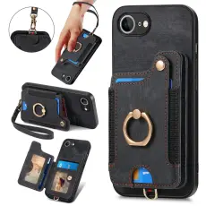  iPhone 17e / 16e Skal Med Korth&aring;llare RFID Retro L&auml;der Svart