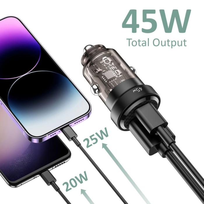 Bild 2, Tech-Protect Tech-Protect 45W PD QC USB-C/USB-A Billaddare Svart