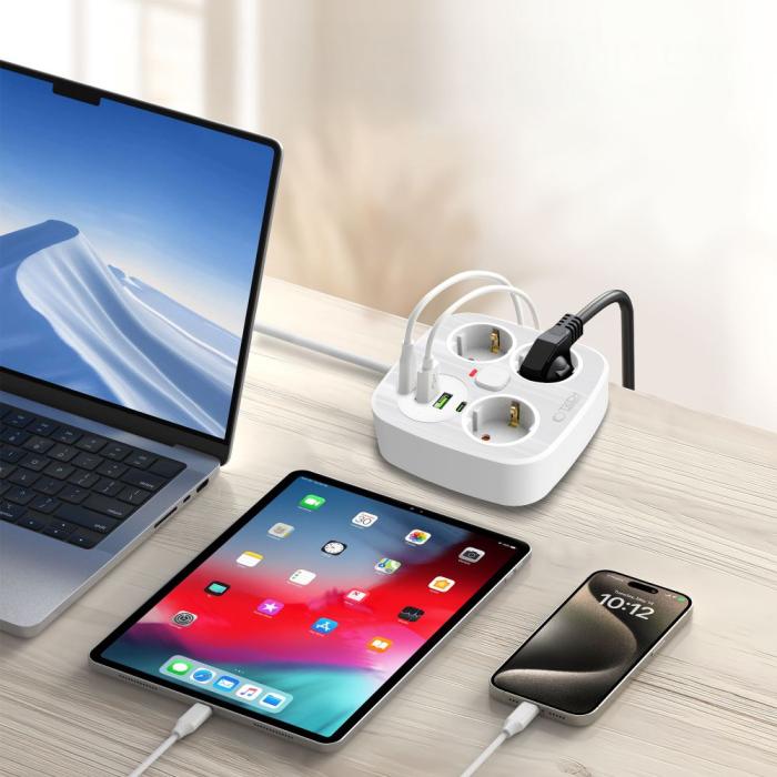 Bild 4, Tech-Protect Tech-Protect 2m Förgreningsdosa Med USB-C/USB-A Vit