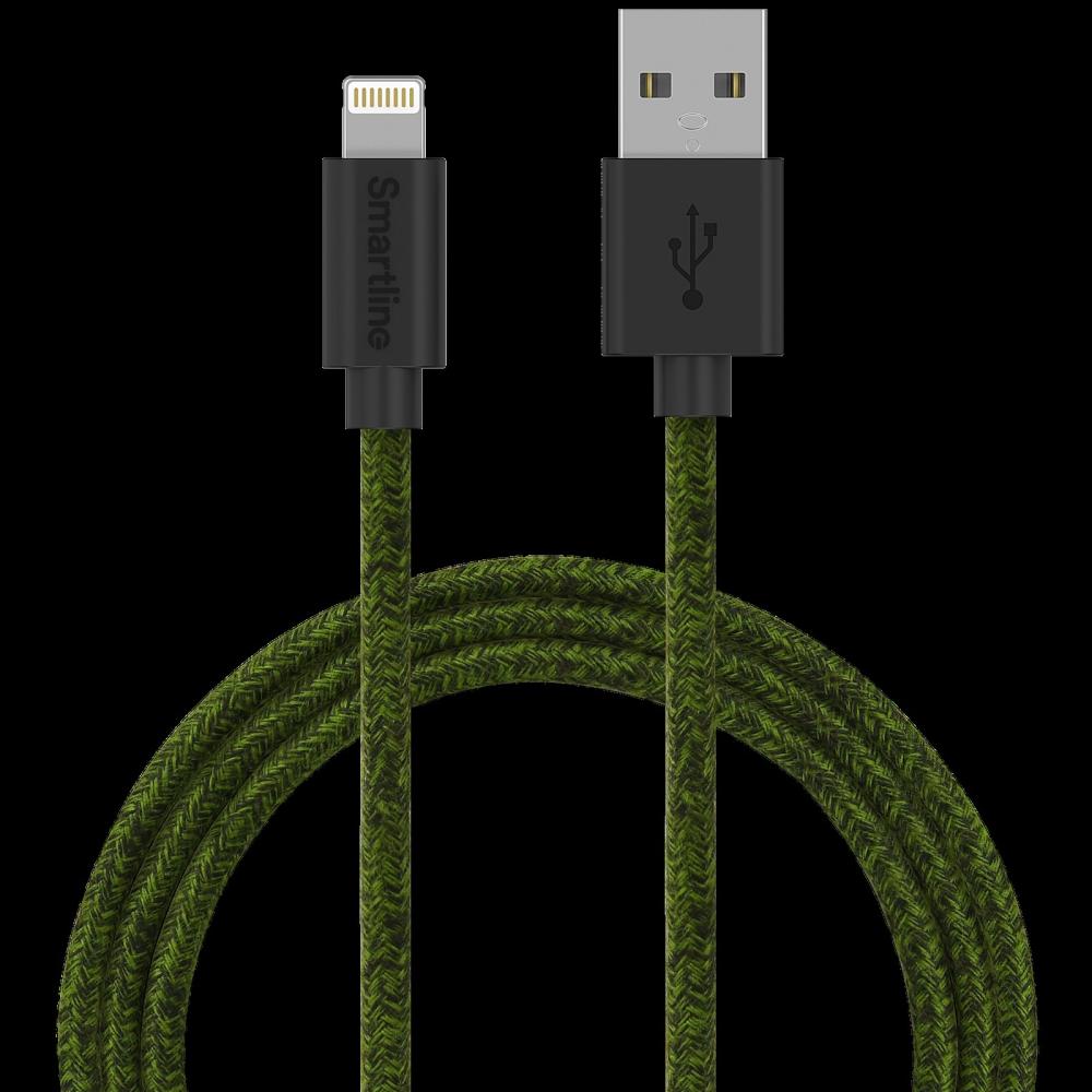 Smartline Smartline 2m 3A Lightning MFi Fuzzy Laddningskabel Grön