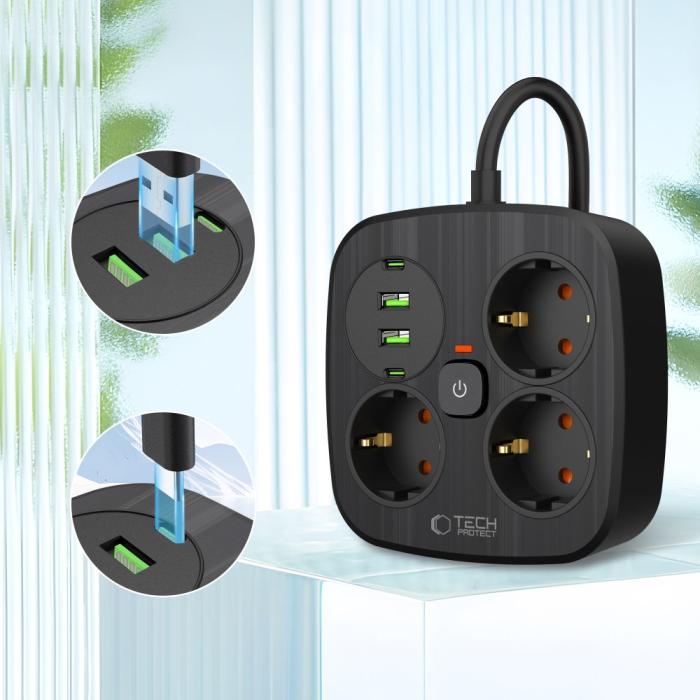 Bild 3, Tech-Protect Tech-Protect 2m Förgreningsdosa Med USB-C/USB-A Svart