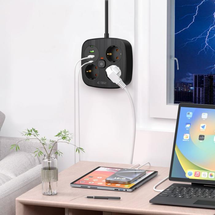 Bild 5, Tech-Protect Tech-Protect 2m Förgreningsdosa Med USB-C/USB-A Svart