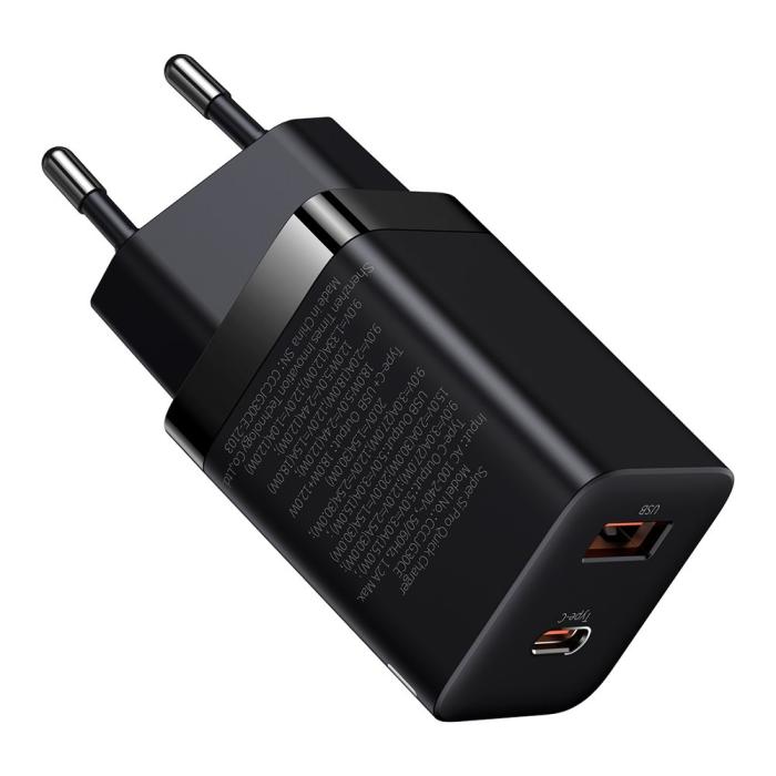 Bild 2, BASEUS Baseus 30W Super Pro USB-C / USB-A PD QC Väggladdare Svart