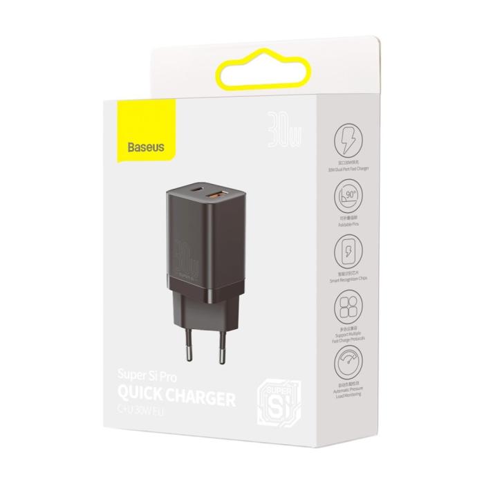 Bild 6, BASEUS Baseus 30W Super Pro USB-C / USB-A PD QC Väggladdare Svart